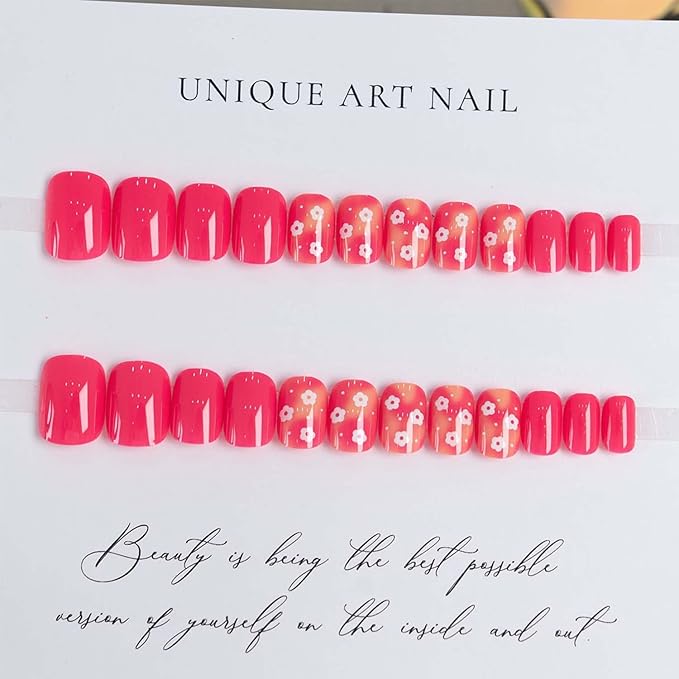 Spring Press On Nails Short Square Fake Nails Flower With Ombre Design Rose Pink False Nails Summer Glue On Nails Acrylic Full Cover Artificial Nails Stick On Nails For Women Manicure 24pcs