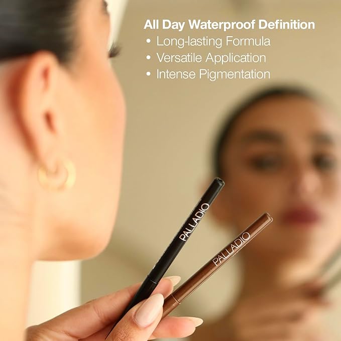Palladio Retractable Waterproof Eyeliner, Richly Pigmented Color and Creamy, Slip Twist Up Pencil Eye Liner, Smudge Proof Long Lasting Application, All Day Wear, No Sharpener Required, Brownie