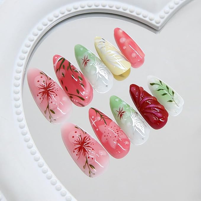 24Pcs 3D Flower Press on Nails Medium Almond Fake Nails with Bubble Butterfly Star Designs Cute Powder Blusher Acrylic Glossy Pink Tulip False Nails Green Leaf Stick on Nails for Women