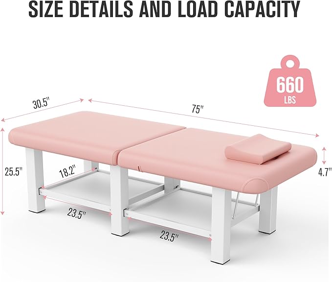 Folding Stationary Massage Table with Backrest and Storage Space, 6 Square Legs Metal Frame PU Leather, 30.5'' Wide × 75'' Long for Treatment Table Physical Therapy Table Spa Facial Bed, Pink