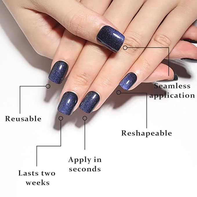 evpct Royal Blue Cat Eye Extra Short Press on Nails Square, Petite Short Square Glue on Nails for Women Gift, Blue Metallic Glitter Glossy Reusable Stick Gel Press on Acrylic Fake Nail with Designs
