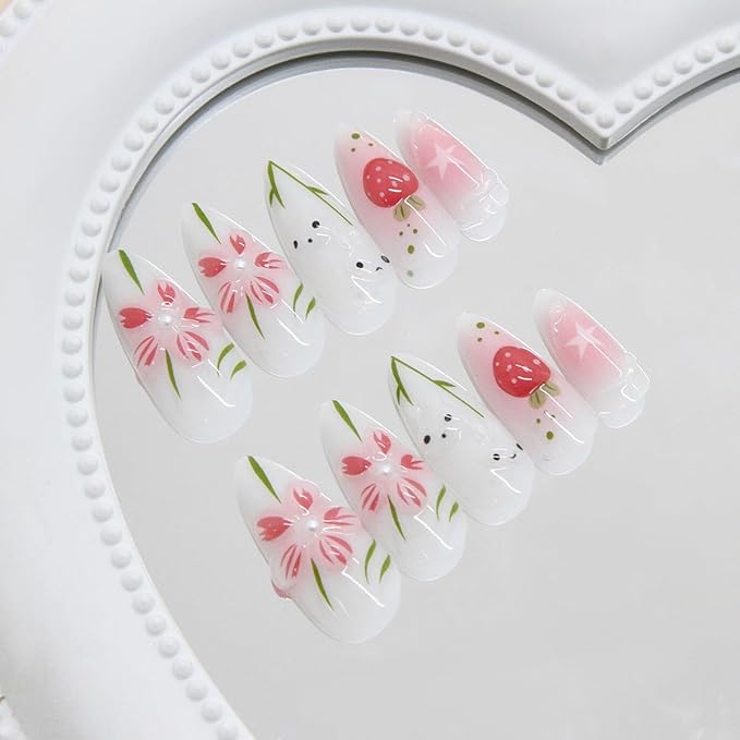 24Pcs Almond Press on Nails Medium 3D Flower Fake Nails Cute Rabbit False Nails Tulip Strawberry Bow Glue on Nail Full Cover Spring Summer Acrylic Artificial Nails for Women Manicure Decoration