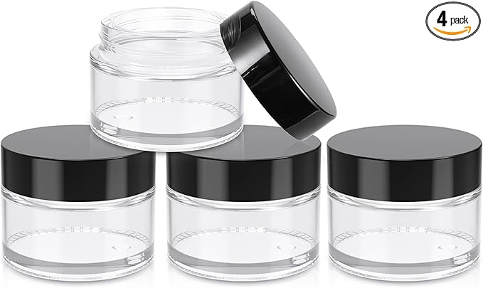 1oz Jars with Lids, HOA Kinh 4 Pack Clear Glass Jars Empty Cosmetic Containers Round Airtight Glass Jar with Inner Liners and black Lids for Storing Lotions, Powders, and Ointments