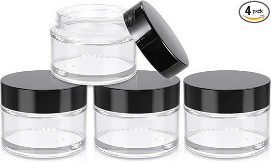 1oz Jars with Lids, HOA Kinh 4 Pack Clear Glass Jars Empty Cosmetic Containers Round Airtight Glass Jar with Inner Liners and black Lids for Storing Lotions, Powders, and Ointments