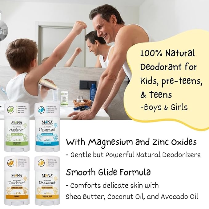 MONA BRANDS 100% Natural Deodorant for Kids | For Girls & Boys | Sensitive Skin | No Baking Soda | No Aluminum | Vegan, Non-GMO, Gluten and Cruelty free (2-PK VANILLA SPICE 1.76 Oz each)