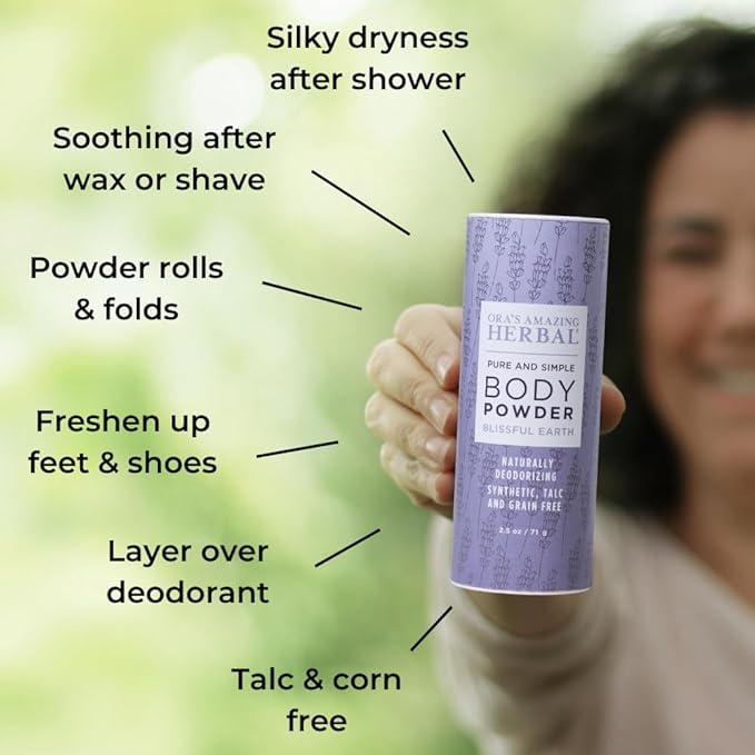 Ora's Amazing Herbal Talc Free Body Powder for Women, Cornstarch Free Talcum Dusting, Grounding Relaxation Scent, Essential Oils Lavender, Vetiver, Clary Sage, Blissful Earth 2.5 oz