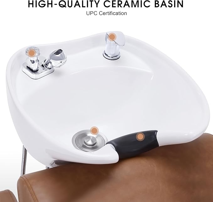 BarberPub Backwash Shampoo Station Chair, Adjustable Porcelain Ceramic Hair Wash Bowl with Chair, Shampoo Station for Barber Shop, Spa Beauty Salon Equipment 9364 (Brown)