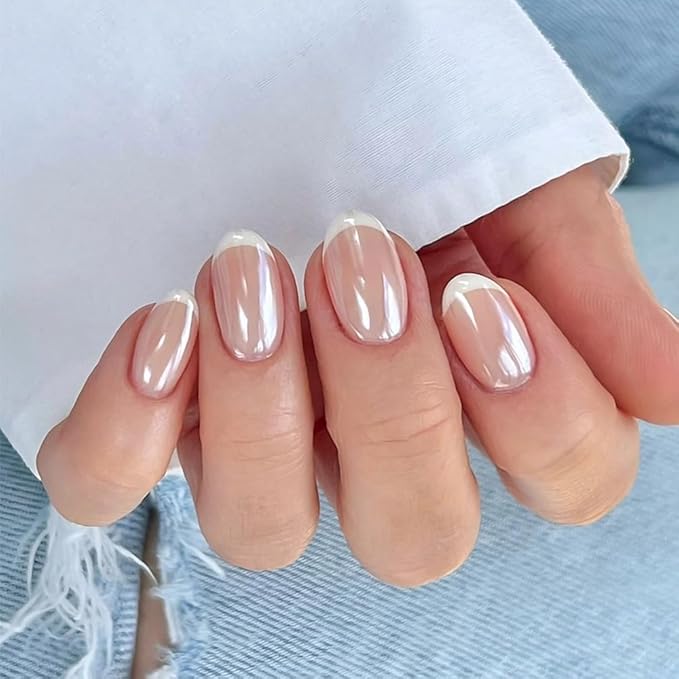 Press On Nail, French Tip Chrome Acrylic Press On Nails Short Round, Designer Reusable Glazed Fake Nails, Glossy Soft Gel Nails Wedding and Party, Stick On Glue On Nails Press Ons for Women