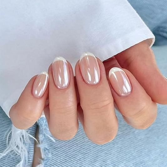 Press On Nail, French Tip Chrome Acrylic Press On Nails Short Round, Designer Reusable Glazed Fake Nails, Glossy Soft Gel Nails Wedding and Party, Stick On Glue On Nails Press Ons for Women
