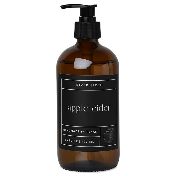 River Birch Apple Cider Scented Natural Hand Soap - Handmade Soap - Moisturizing Hand Wash with Amber Glass Dispenser - Luxury Scented Hydrating Hand Soap - Vegan and Non-Toxic - 16 Fl Oz