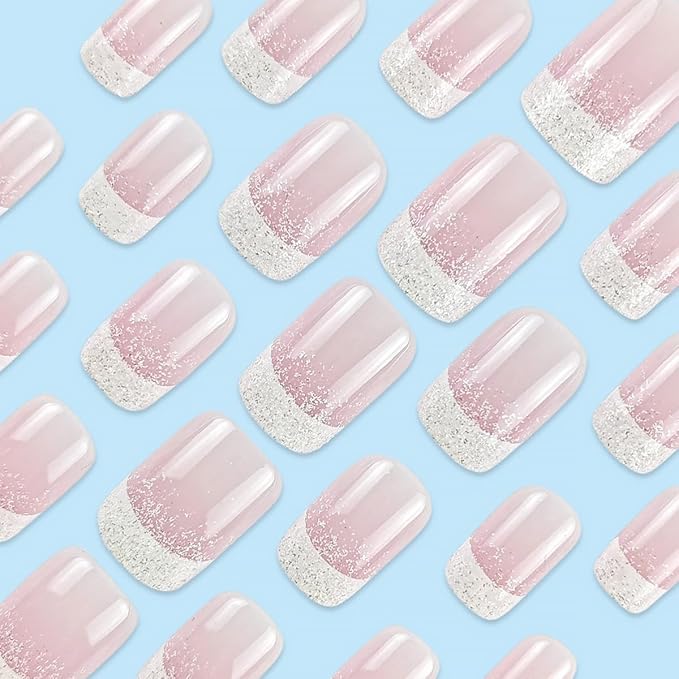 24Pcs White French Tip Press on Nails Short Square Fake Nails with Gradient Design Glossy False Nails Full Cover Artificial Glue on Nails Nude Stick on Nails Spring Summer Nail Supplies for Women DIY