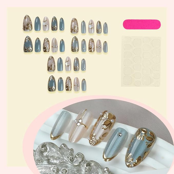30Pcs Gold Leaf Press on Nails Medium Almond Fake Nails with 3D Leaves Designs Nude Blue Glue on Nails Pearl Rhinestones Charms Metallic Leaves Nail Art Fall Acrylic Nails for Women Manicure Decor