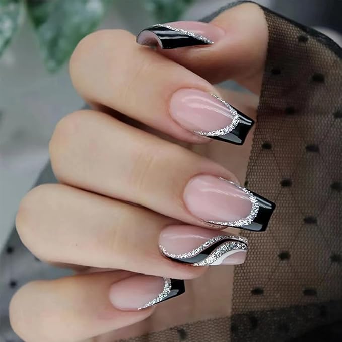 144Pcs Press on Nails Medium Coffin Fake Nails French Tip False Nails with Design Shiny Glitter Glue on Nails Full Cover Glossy Acrylic Stick on Nail for Women Manicure 6 Packs