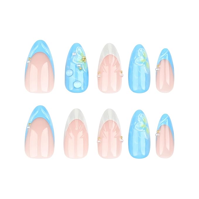 Summer Almond Medium Press on Nails with 3D Flower Shell Designs Nude Nails Press ons Glossy Glue on Nails Light Blue Acrylic Nails Full Cover Artificial Stick on Nails Reusable for Women 24Pcs