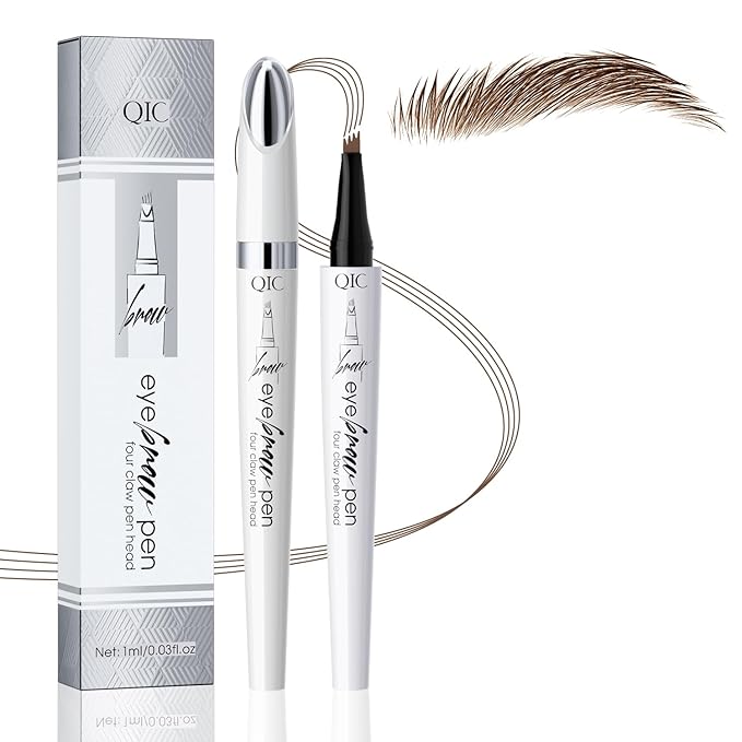 QIC Eyebrow Pen, 4 Tip Waterproof Microblading Eyebrow Pencil for Women, Fade Resistant Filler Brow Pen for Natural Hair-Like Brows (Brown)