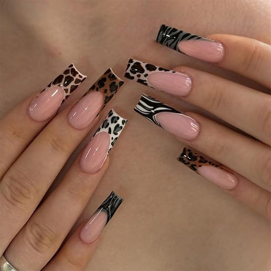Long Square Press on Nails Leopard Print French Tip Fake Zebra Print Design Fall Nails Full Cover Glossy Glue on Nails for Women 24PCS