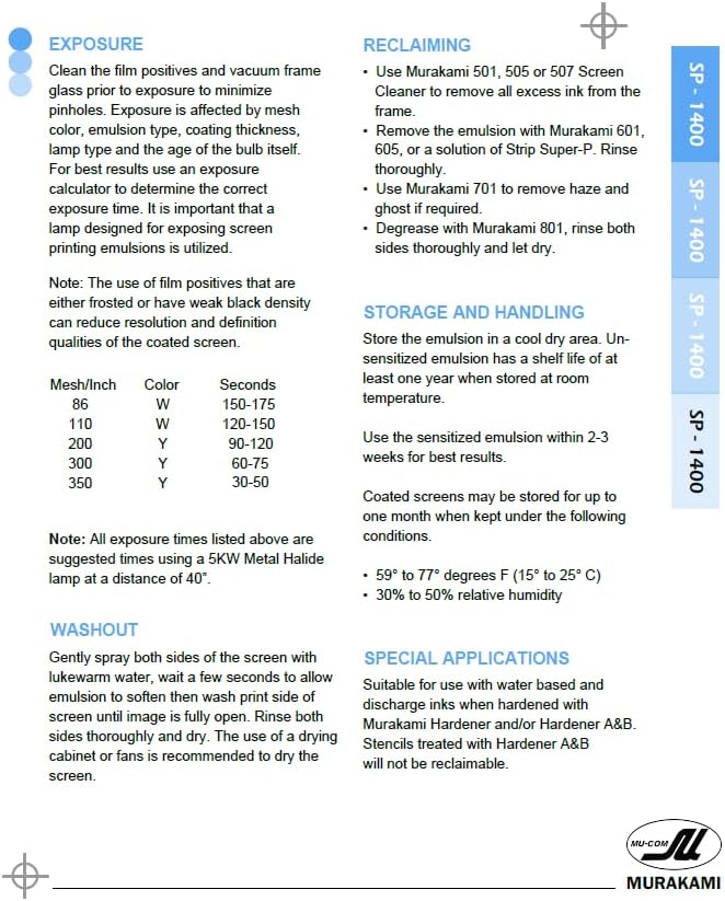 Murakami Screen - SP1400 (Quart Size) Premium Diazo Emulsion, Professional Screen Printing Emulsion for Apparel and Textile, Compatible with Plastisol, Water Based, Discharge Inks