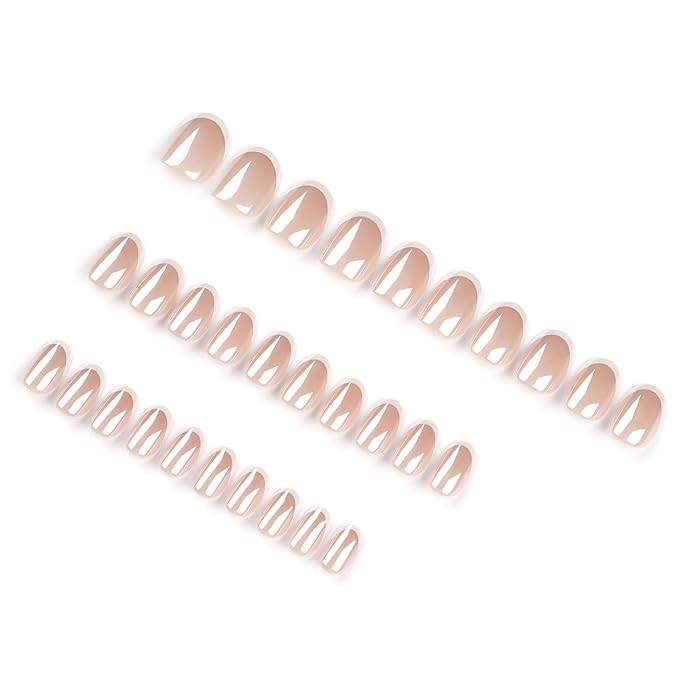 French Press On Nails Short Oval False Nails 30pcs, Nude Chrome Electroplated Stick On Nails with White French Tips, Glossy Reusable Acrylic Fake Nails Kit for Women Girls Wedding Daily