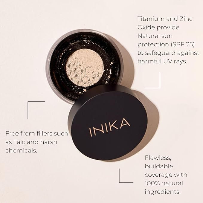 INIKA Organic Mineral Powder Foundation with SPF 25 - Vegan Makeup, Natural Looking, Buildable Coverage, Flawless Radiance & Glow, Blemish Coverage, Cruelty Free, Sustainable Packaging, Grace, 8g