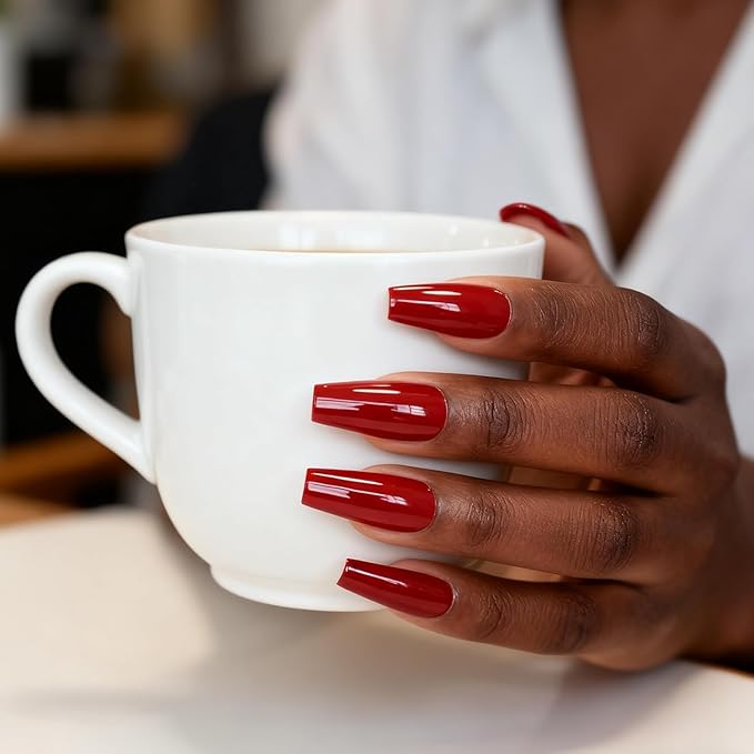 Glossy Red Press on Nails Long Coffin False Nails Faux Ongles Reusable Solid Color Nail Art Tips Salon DIY Manicure Acrylic Fake Nails Gifts for Women Girls