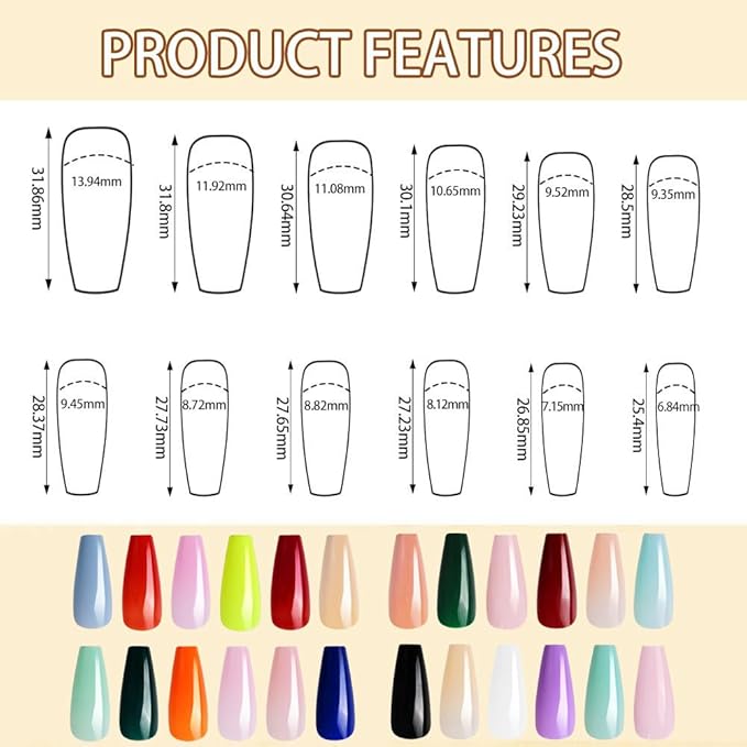 576Pcs Long Press on Nails Coffin Fake Nails Solid Color False Nails Full Cover Glossy Acrylic Glue on Nails Reusable Artificial Acrylic Stick on Nail for Women Manicure 24 Color