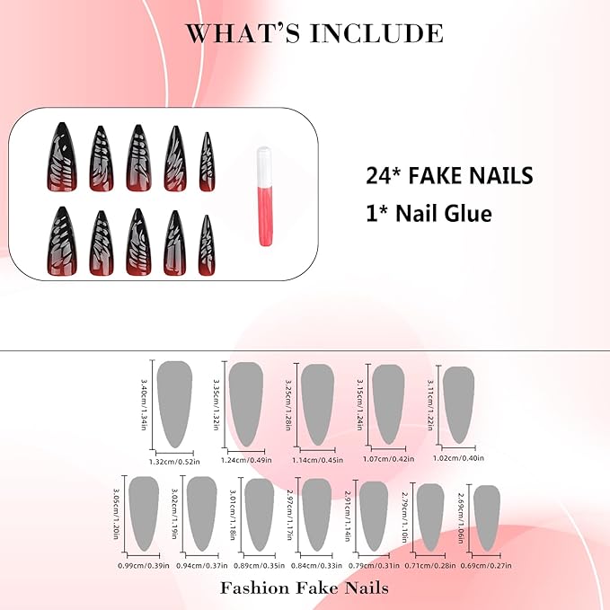 IMRAIN Press on Nails Long Stiletto Fake Nails Black Red Gradient 3D Wave Full Cover Glossy Gel Acrylic Halloween False Nails Y2K Glue Stick on Nails for Women 24Pcs