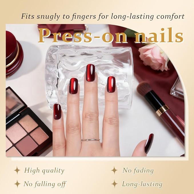 Blood Red Cat Eye Halloween Press on Nails Medium Square, Medium Square Glue on Nails for Women Gift, Dark Red Holographic Glitter Glossy Reusable Stick Gel Press on Acrylic Fake Nail with Designs