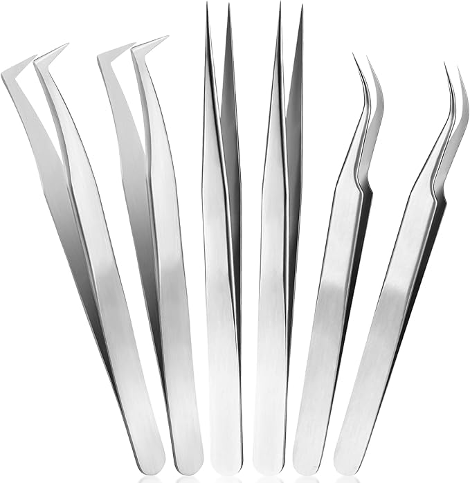 6 Pcs Tweezers for Eyelash Extensions, Straight and Curved Stainless Steel, Individual Volume, Isolation Tweezers (Silver)