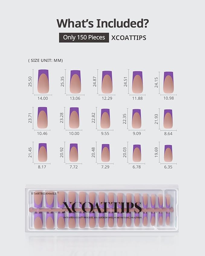 BTArtboxnails XCOATTIPS Purple French Tip Press On Nails - Long Press On Nails Square, Soft Gel Nail Tips, 150Pcs Soak Off Acrylic Brown Fake Nail Extension in 15 Sizes