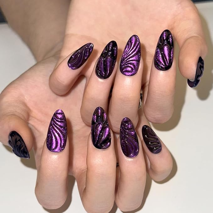 24Pcs Purple Press on Nails Medium Almond Fake Nails with 3D Butterfly Water Drops Design Glitter Full Cover Glossy Acrylic Nails False Nails Sweet Cool Black Purple Glue on Nails for Women