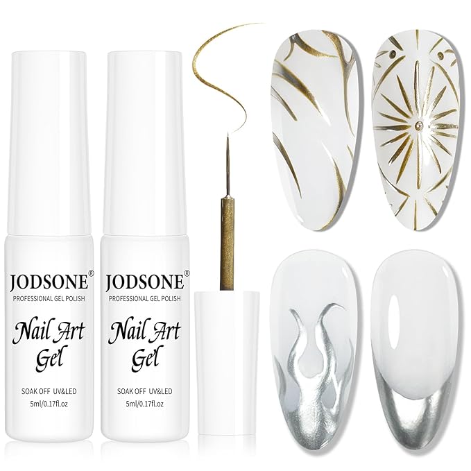 JODSONE 2pcs Metallic Nail Art Gel Liner Gold Mirror Chrome and Silvery 3D Effect Gel Nail Polish Thin Brush Metal Painted DIY at Home Salon Quality Gift for Women