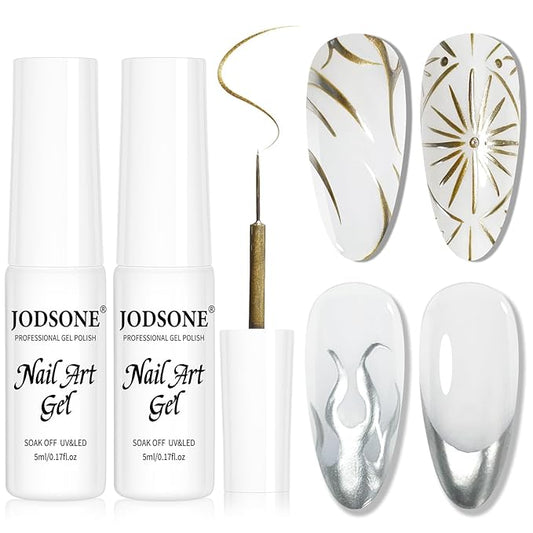 JODSONE 2pcs Metallic Nail Art Gel Liner Gold Mirror Chrome and Silvery 3D Effect Gel Nail Polish Thin Brush Metal Painted DIY at Home Salon Quality Gift for Women