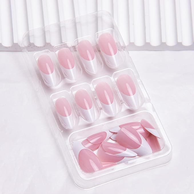 French Tip Press on Nails Medium Almond Fake Nails Nude Pink False Nails Glossy Nature Acrylic Nails Short Artificial Nails for Women Girls Manicure Nails Decoration 24Pcs