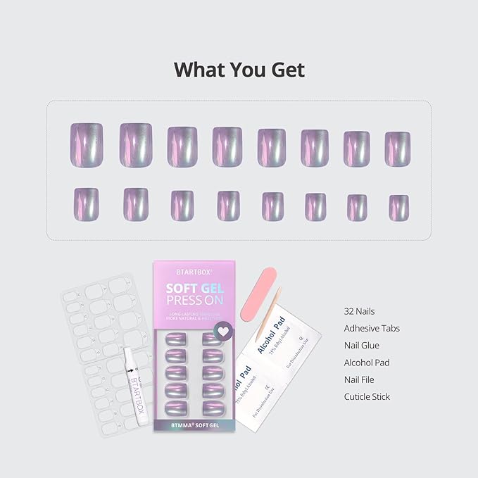 BTArtbox Press On Nails Short - Chrome Cat Eye Square Press On Nails with Glue for Women, Opaque Soft Gel Glue On Nails in 16 Sizes - 32 Stick On Nails Kit, Glass Ocean