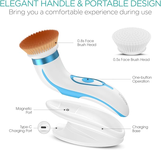 Facial Cleansing Brush-Spin Face Scrubber Exfoliator Rechargeable, 2-Speed Rotation, Electric Face Wash Brushes for Cleansing and Exfoliating, with 2 Brush Heads, Blue