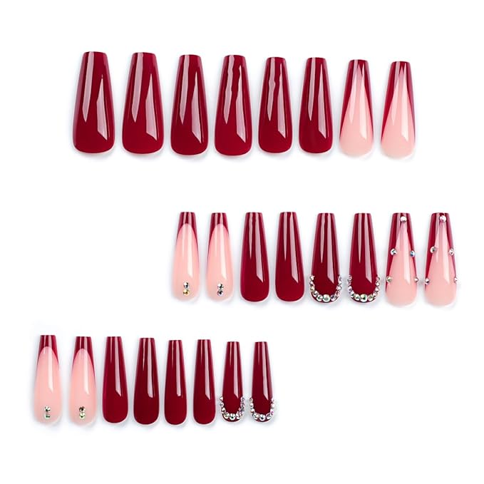 Red Press on Nails Classic French Tip with Sparkling Rhinestones Long Coffin Fake Nails Burgundy Nails Full Cover Glossy Glue on Nails for Women 24PCS
