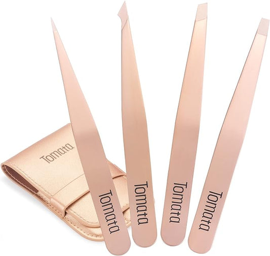Tweezers for Eyebrows, Slant Tip and Pointed Eyebrow Tweezer Set Great Precision for Eyebrows Facial Hair, Ingrown Hair, Splinter, Blackhead and Tick Remover (4-piece) (Gold)
