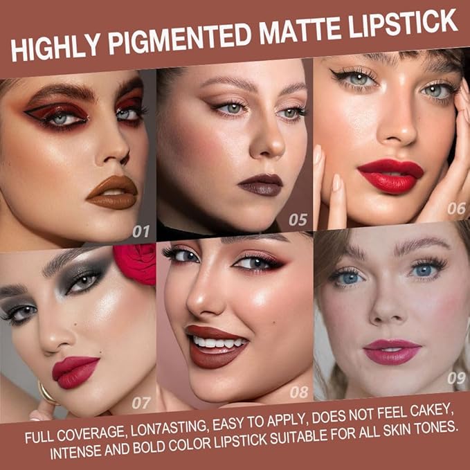 evpct 6Pcs Mauve Maroon Brown Ruby Plum Dark Red Gradient Matte Lip Liner Lipstick Combo Crayon Pencil Set for Women Long Lasting, Cream Lip Liner and Lipstick Combo Makeup Kit, Gradual Ombre Effect
