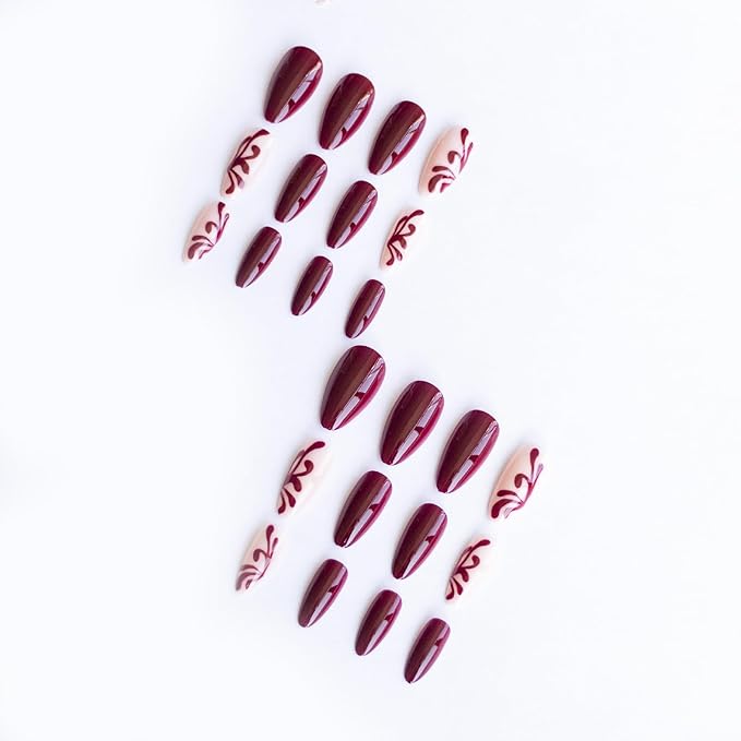 Press on Nails Medium Almond Fake Nails Red Lace False Nails Glossy Acrylic Nails Wine Red Artificial Nails Full Cover Glue on Nails for Women Girls Manicure Nails Decoration 24Pcs