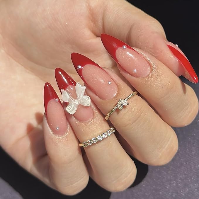 24Pcs Red French Tip Press on Nails Medium Almond Fake Nails with 3D Pearl Valentines False Nails Bow Nails Charms Glue on Nails Glossy Full Cover Stiletto Acrylic Nails for Women Girls Manicure