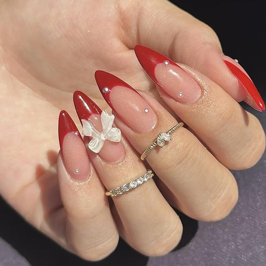 24Pcs Red French Tip Press on Nails Medium Almond Fake Nails with 3D Pearl Valentines False Nails Bow Nails Charms Glue on Nails Glossy Full Cover Stiletto Acrylic Nails for Women Girls Manicure