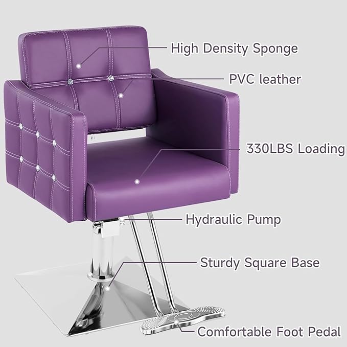 Purple Hair Salon Chair, Styling Chair for Stylist, Barber Chair for Home, Height Adjustable Hydraulic Pump, Multifunctional Hairderss Braider Chair for Women(Purple)