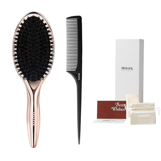 RHOS Boar Bristle Hair Brush, Soft Natural Bristle Brush for Short & Oily Hair, Smooth & Add Shine, Set Includes Rat Tail Comb, Storage Bag (0.394inch Bristle)