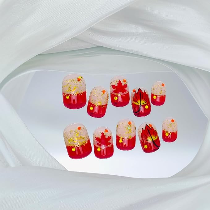 24Pcs Fall Press on Nails Short Square NEWSPIED French Tip Fake Nails with Red Gold Glitter & Maple Leaf Designs Reusable Full Cover Glue on Nails Autumn Thanksgiving Stick on Nails for Women Manicure