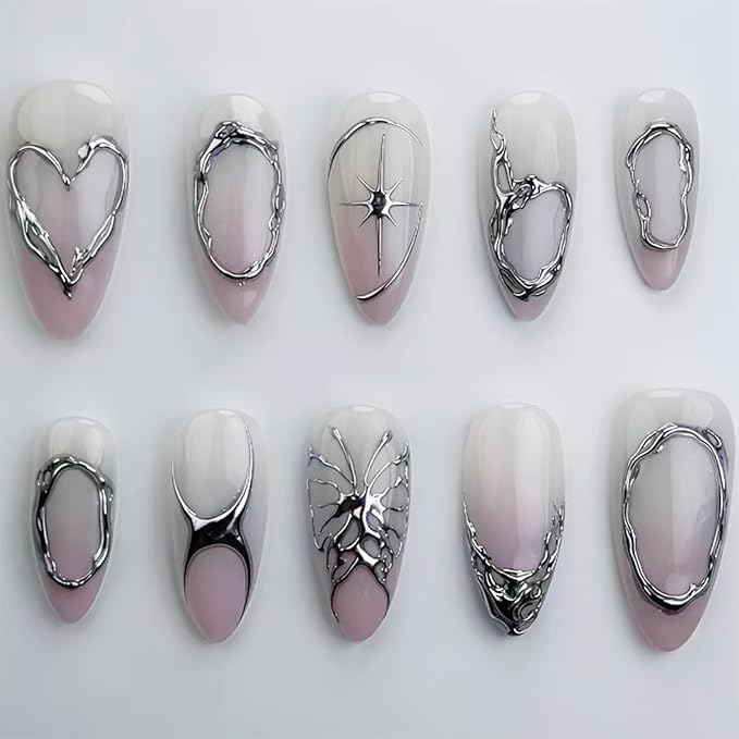 24Pcs Gothic Press on Nails Medium Almond Fake Nails Silver Heart Star Butterfly Designs Full Cover Chrome Stick on Nails Pink Ombre French Tip False Nails for Women Girls Acrylic Nail Decorations
