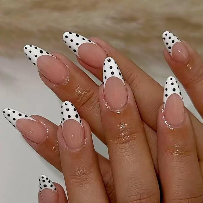 6 Packs (144 Pcs) Press on Nails Short Square, Almond Press on Nails, with Leopard Print Polka Dot Design French Tip Fake Nails for Women - 12 Sizes, 6Styles