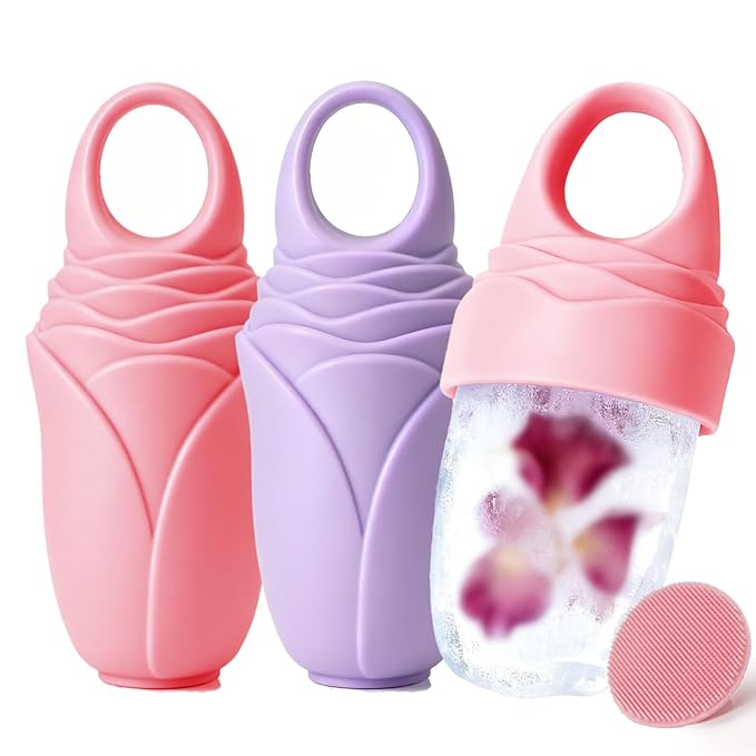 3 Pcs Facial Ice Roller Silicone Mold Reusable for Face Women and Eye Neck Cold Skin Care Tools Freezer De Puff Eye Bags Reduce Migraine Pain Pink 2 + Purple 1