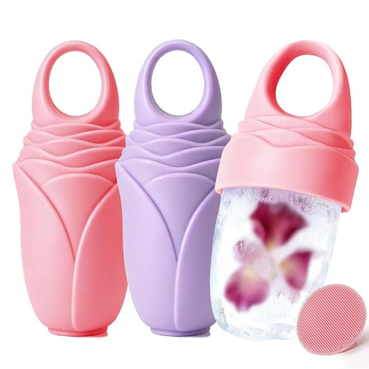 3 Pcs Facial Ice Roller Silicone Mold Reusable for Face Women and Eye Neck Cold Skin Care Tools Freezer De Puff Eye Bags Reduce Migraine Pain Pink 2 + Purple 1