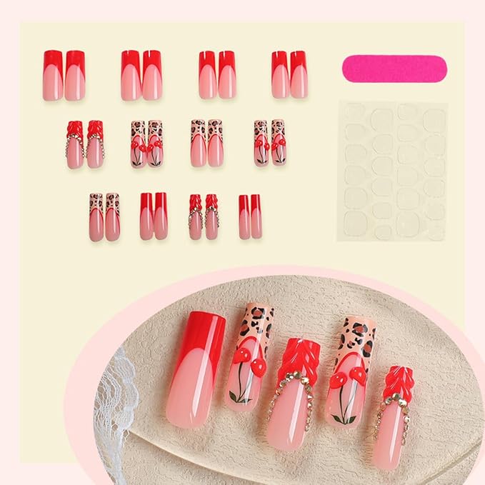 3D Cherry Press on Nails Long Square Fake Nails Red French Tip False Nails Leopard 3D Ripple Rhinestone Design Medium Full Cover Glossy Acrylic Nails for Women 24PCS