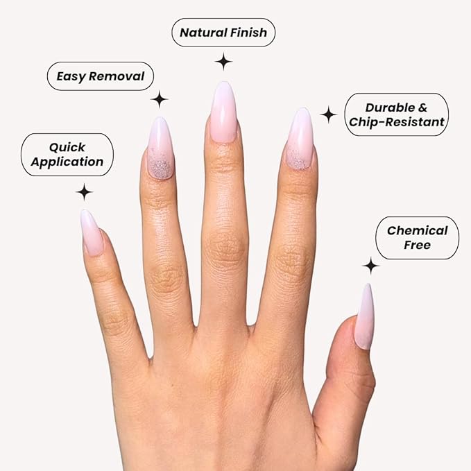 Perfect Look Press On Nails - Blush Sparkle | No Glue One-Day Nude Pink Almond Fake Nails with Glitter Tips for Weddings - 24 Pcs Nail Kit with Adhesive Tabs